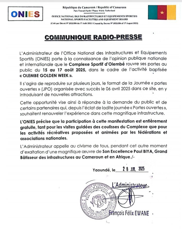 UNE AUTRE JOURNÉE PORTES OUVERTES LIBRE ET GRATUITE AU STADE OLEMBE!