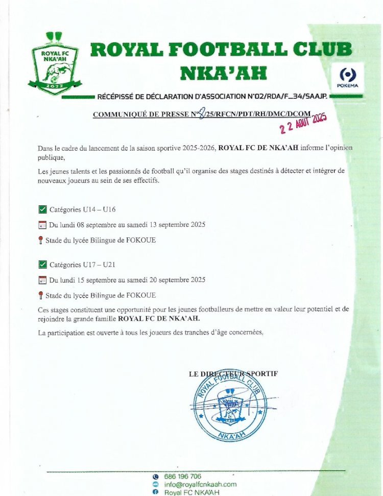 ROYAL FC DE NKA’AH LANCE SES STAGES DE DÉTECTION EN VUE DE LA SAISON 2025-2026!